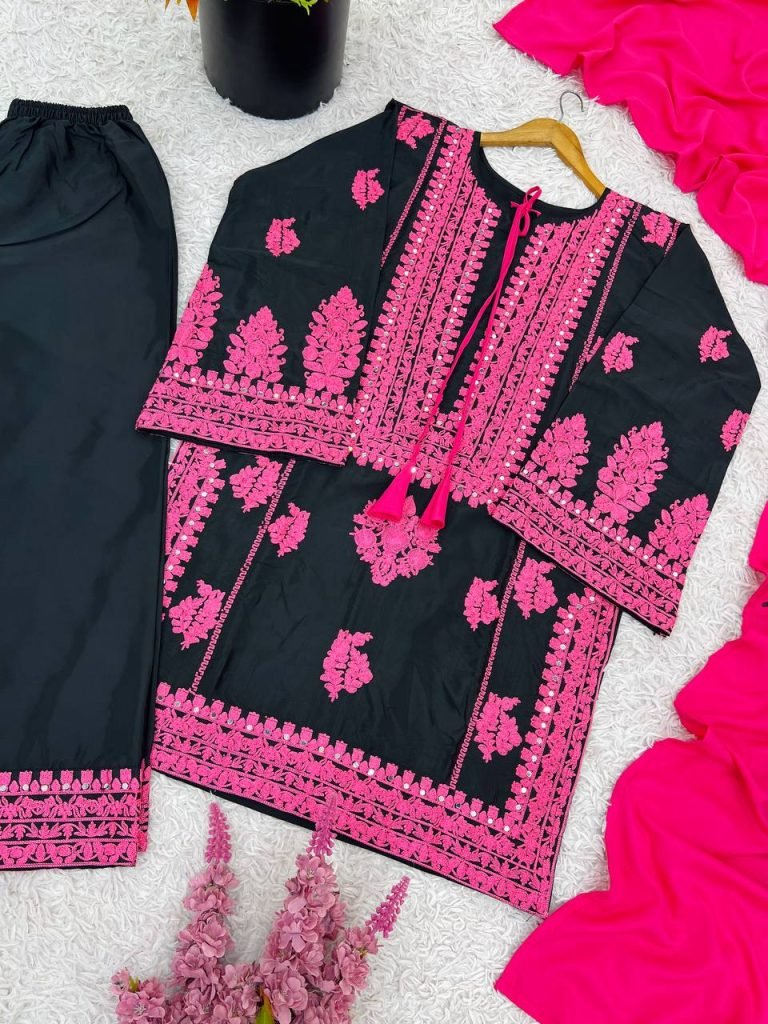 Black pure natural crep silk with embroidery chain stitch work