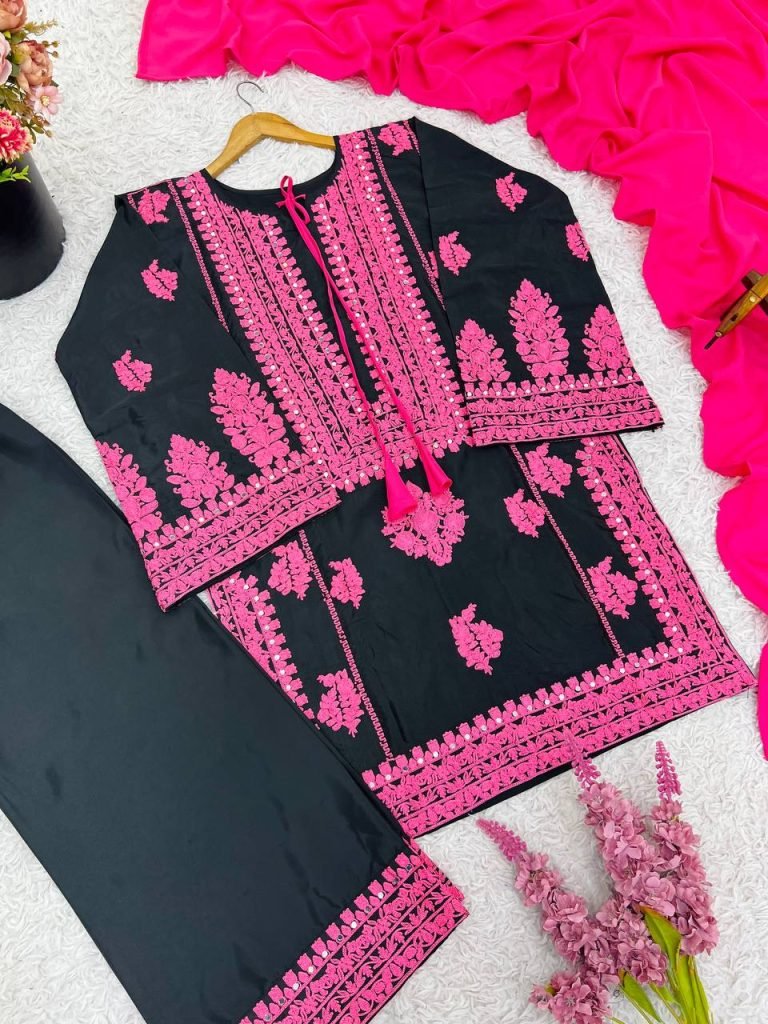 Black pure natural crep silk with embroidery chain stitch work