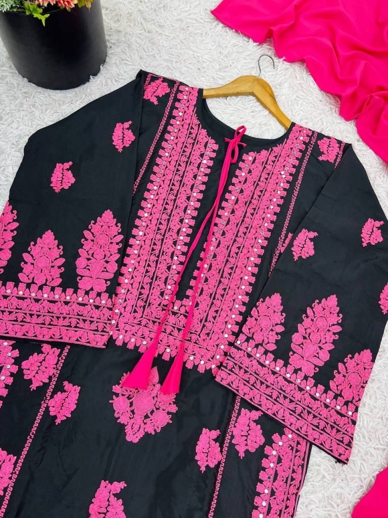 Black pure natural crep silk with embroidery chain stitch work