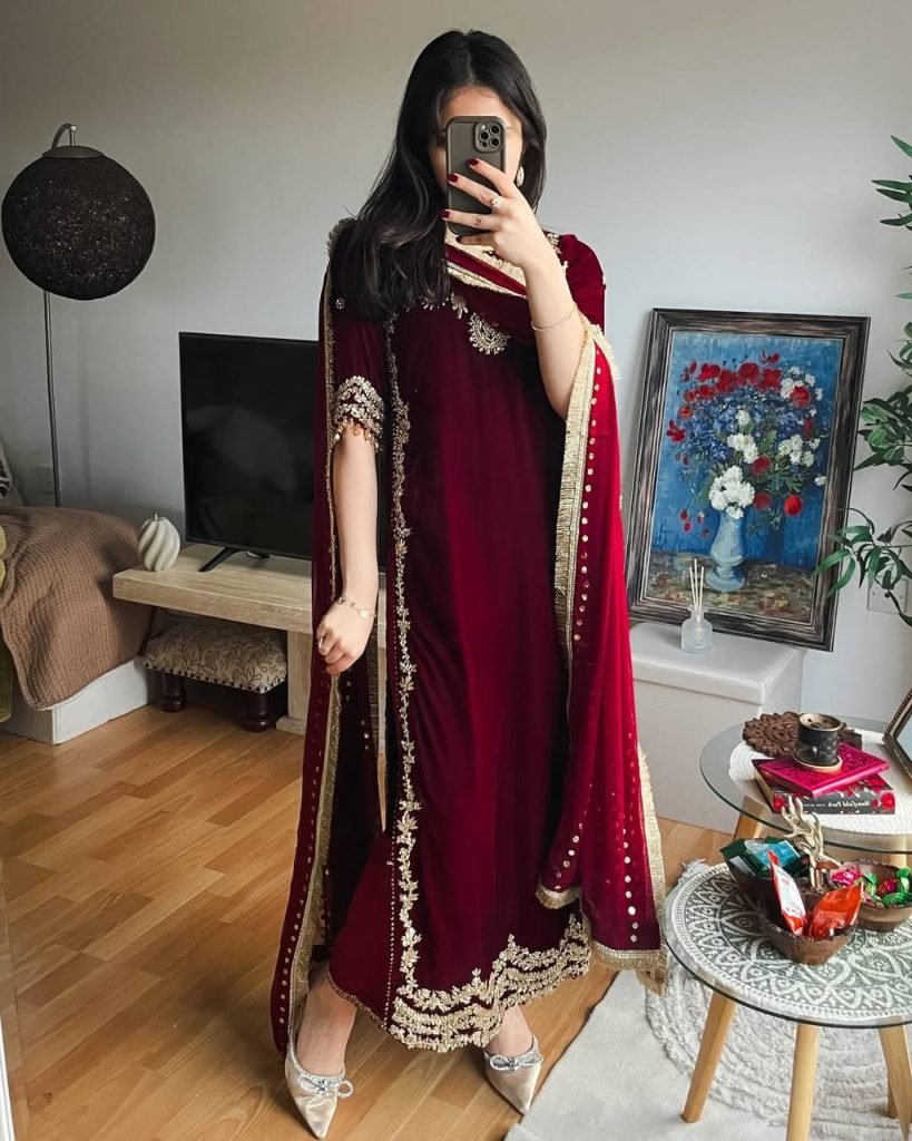 Maroon heavy viscose velvet eid special with heavy embroidery sequence work
