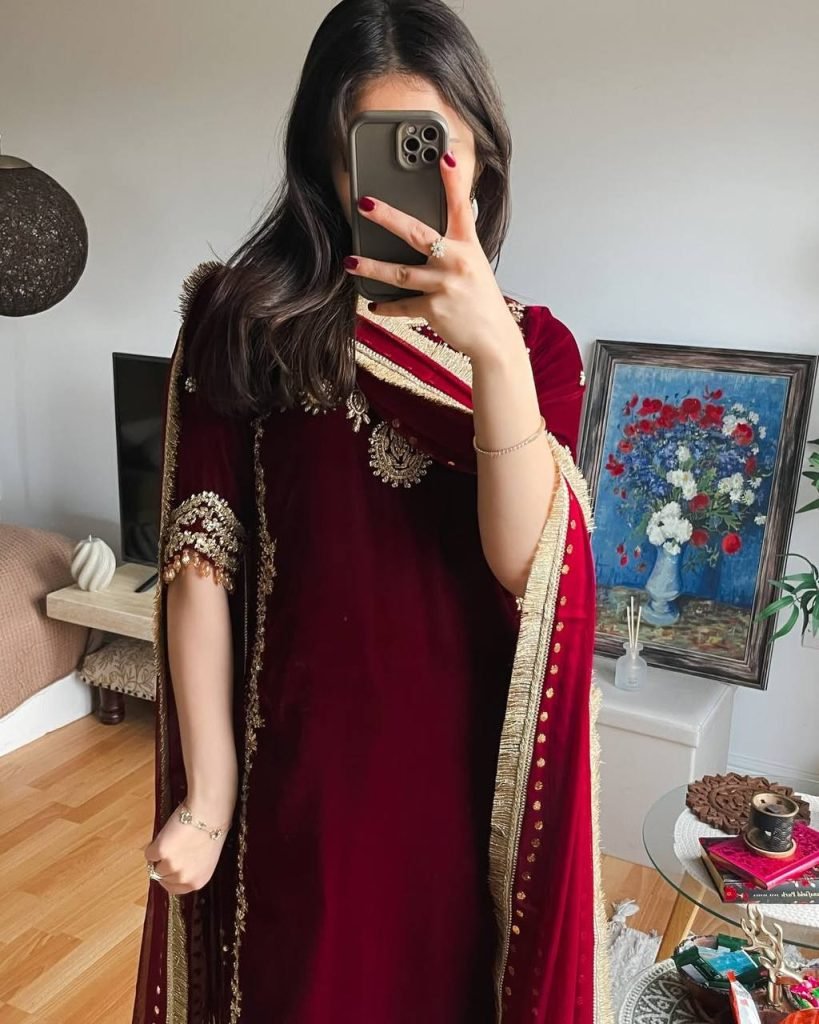 Maroon heavy viscose velvet eid special with heavy embroidery sequence work