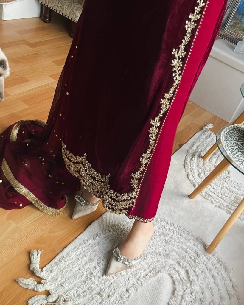 Maroon heavy viscose velvet eid special with heavy embroidery sequence work