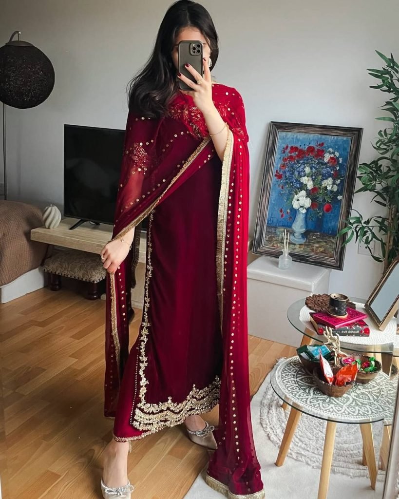 Maroon heavy viscose velvet eid special with heavy embroidery sequence work