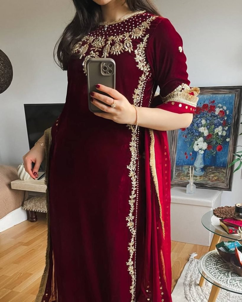 Maroon heavy viscose velvet eid special with heavy embroidery sequence work
