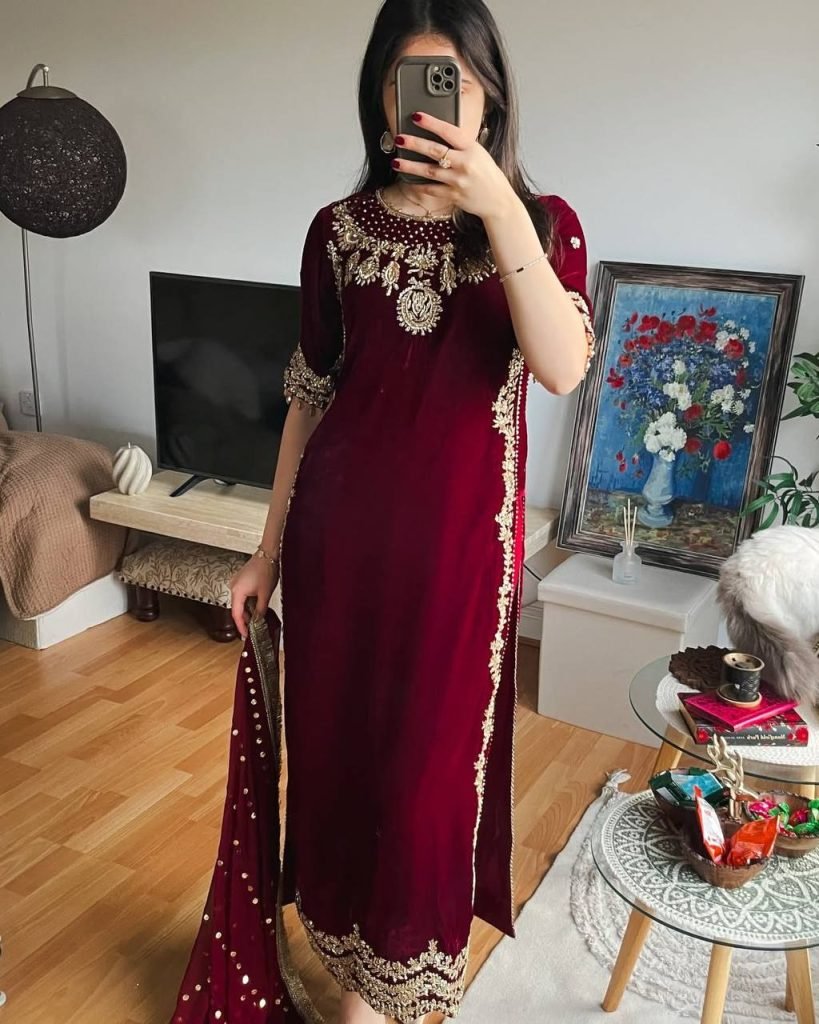 Maroon heavy viscose velvet eid special with heavy embroidery sequence work