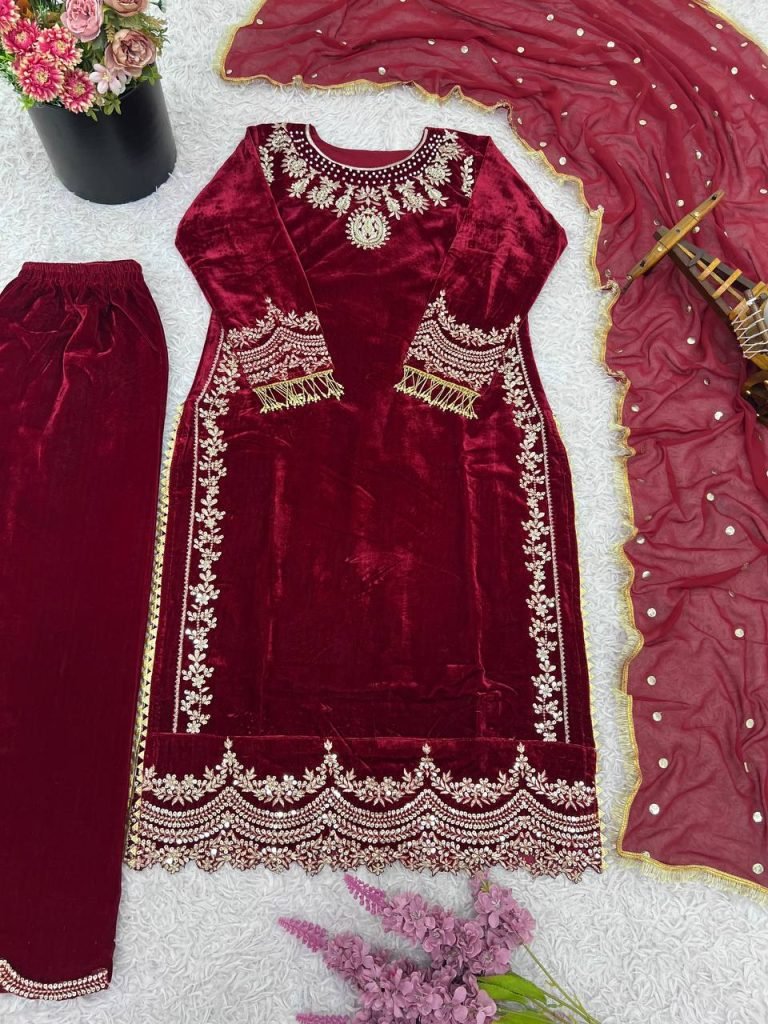 Maroon heavy viscose velvet eid special with heavy embroidery sequence work
