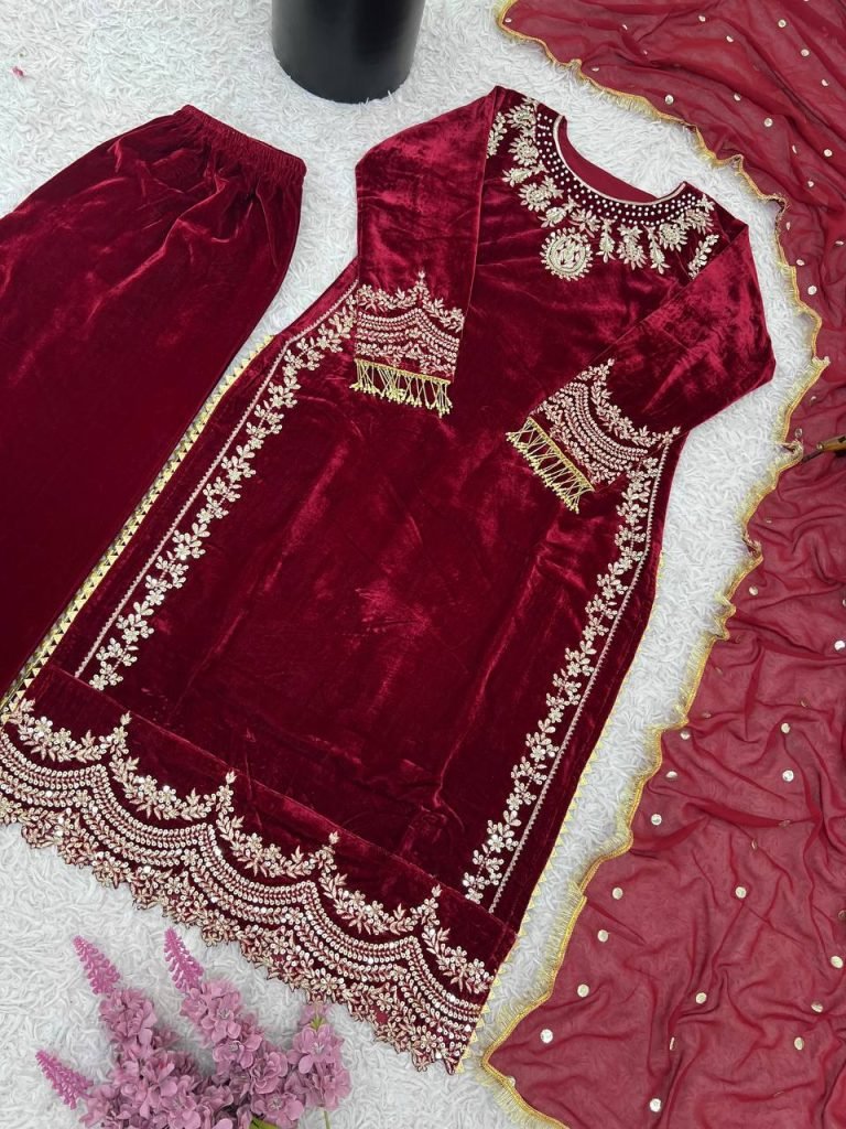 Maroon heavy viscose velvet eid special with heavy embroidery sequence work