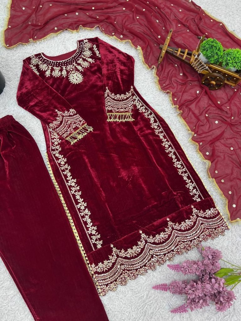 Maroon heavy viscose velvet eid special with heavy embroidery sequence work