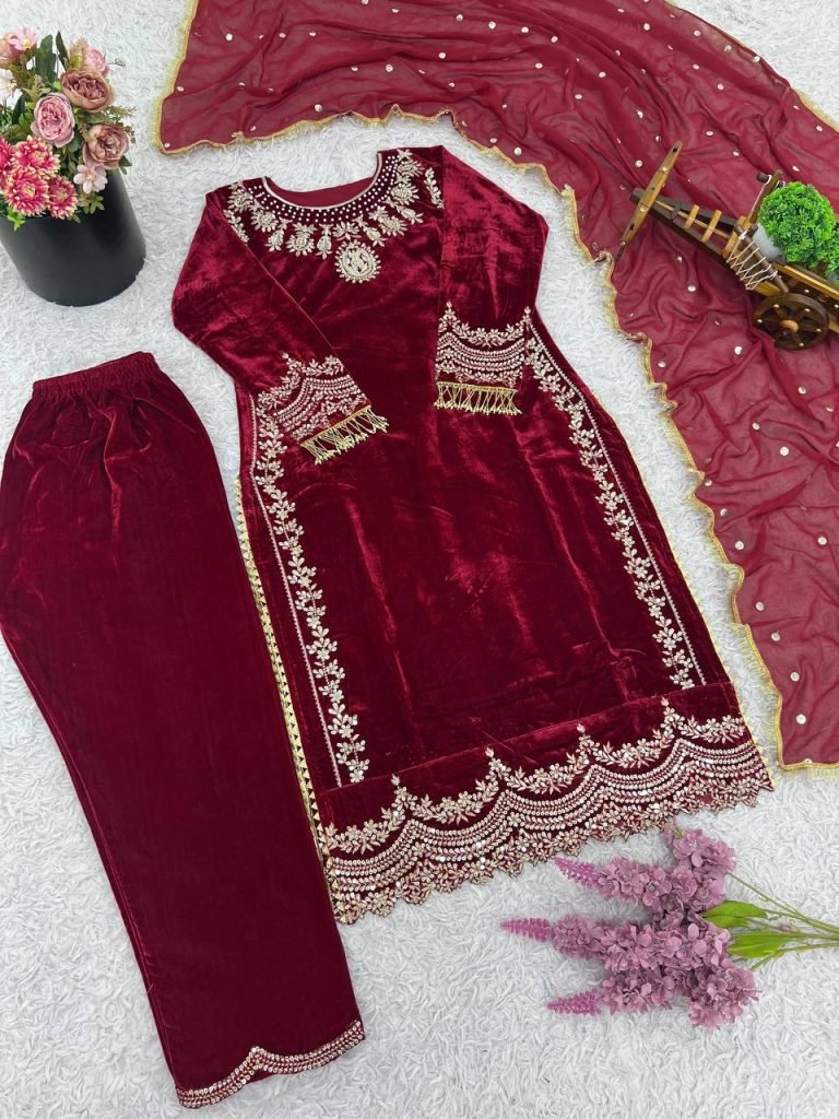 Maroon heavy viscose velvet eid special with heavy embroidery sequence work