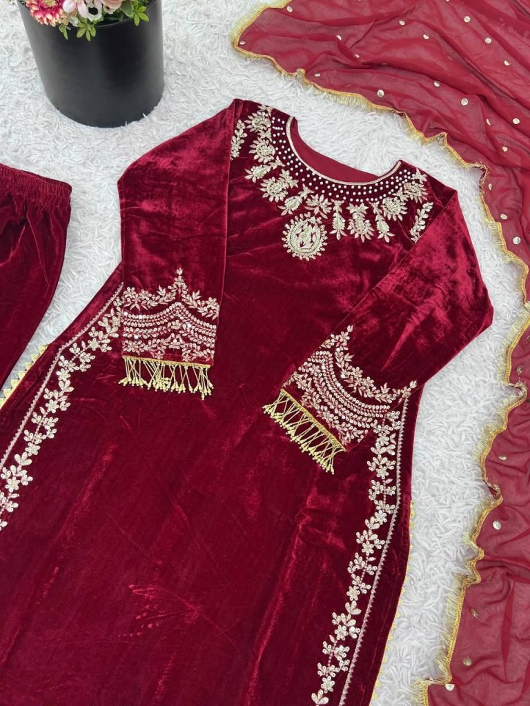 Maroon heavy viscose velvet eid special with heavy embroidery sequence work