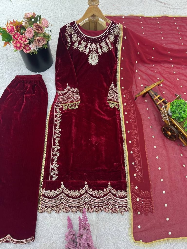 Maroon heavy viscose velvet eid special with heavy embroidery sequence work