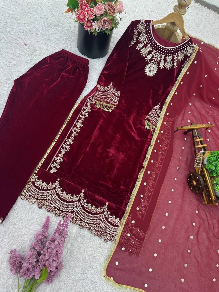 Maroon heavy viscose velvet eid special with heavy embroidery sequence work