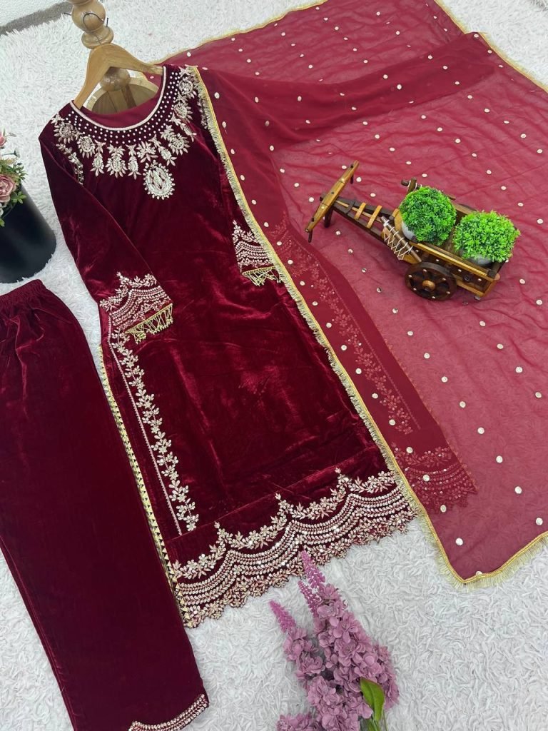 Maroon heavy viscose velvet eid special with heavy embroidery sequence work