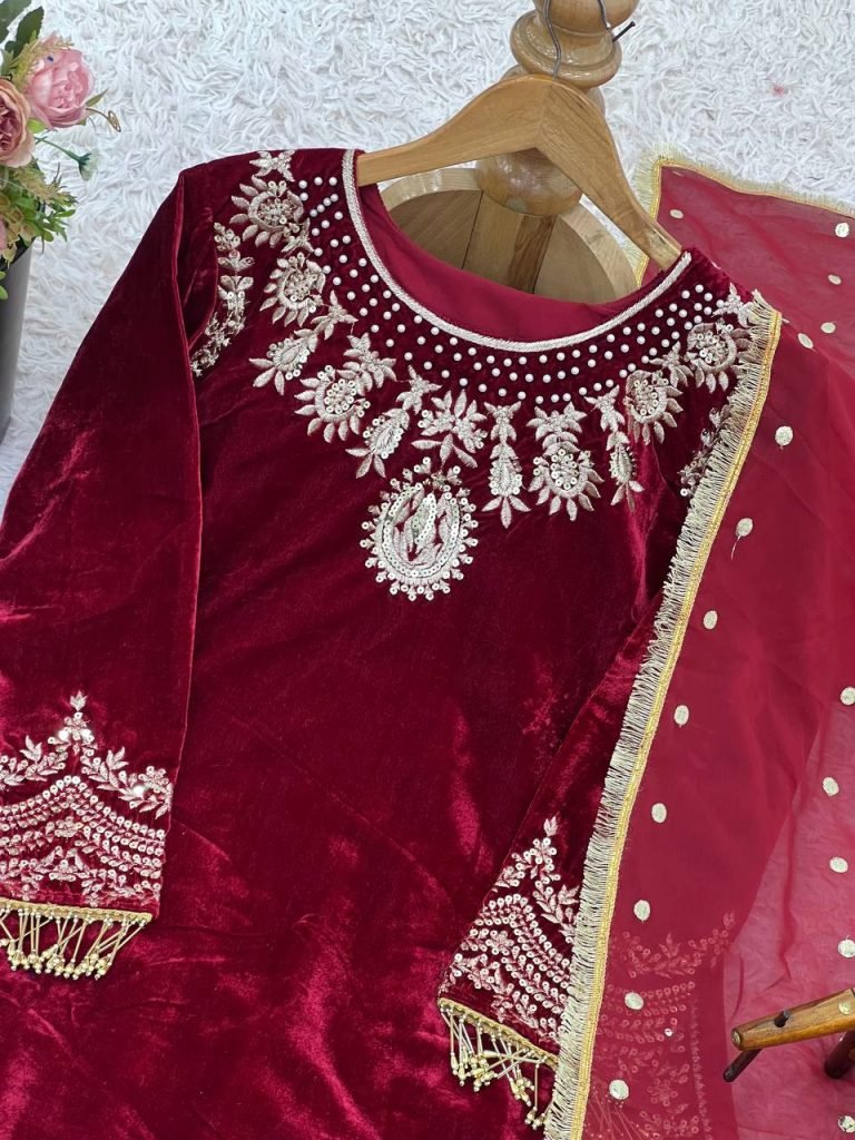 Maroon heavy viscose velvet eid special with heavy embroidery sequence work