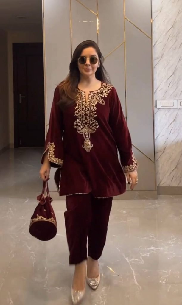 Maroon viscose velvet embroidery work party wear look top with fully stitched bottom