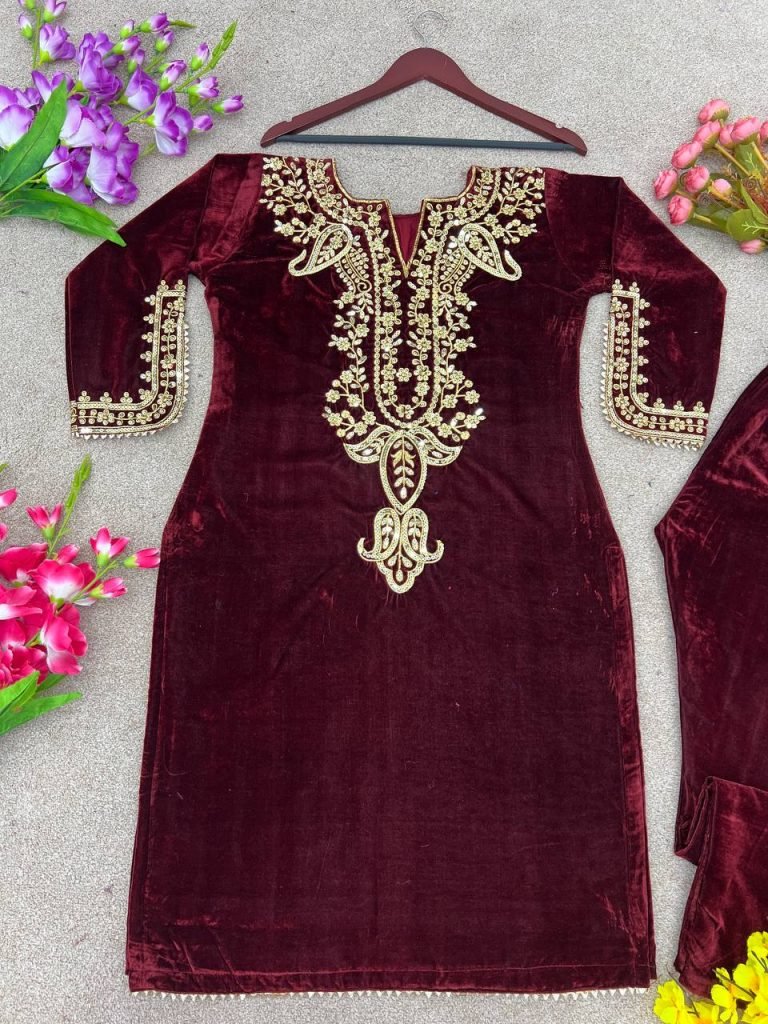 Maroon viscose velvet embroidery work party wear look top with fully stitched bottom