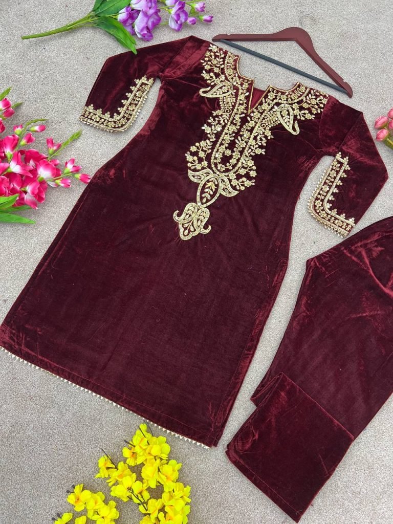 Maroon viscose velvet embroidery work party wear look top with fully stitched bottom