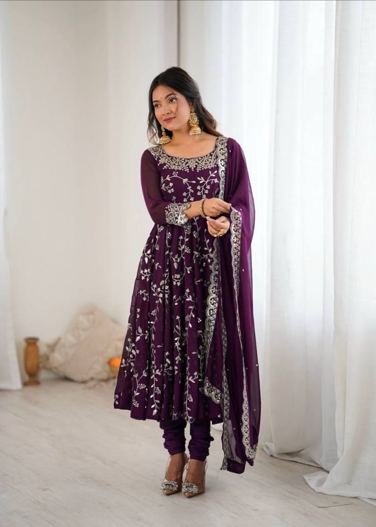 Purple georgette with embroidery sequence work women’s ethnic anarkali gown