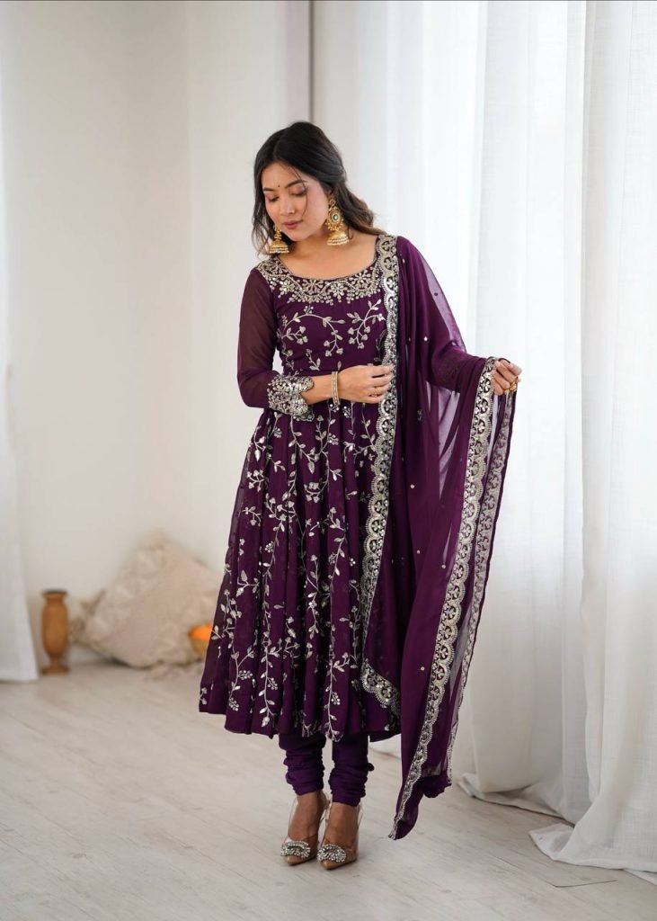 Purple georgette with embroidery sequence work women’s ethnic anarkali gown