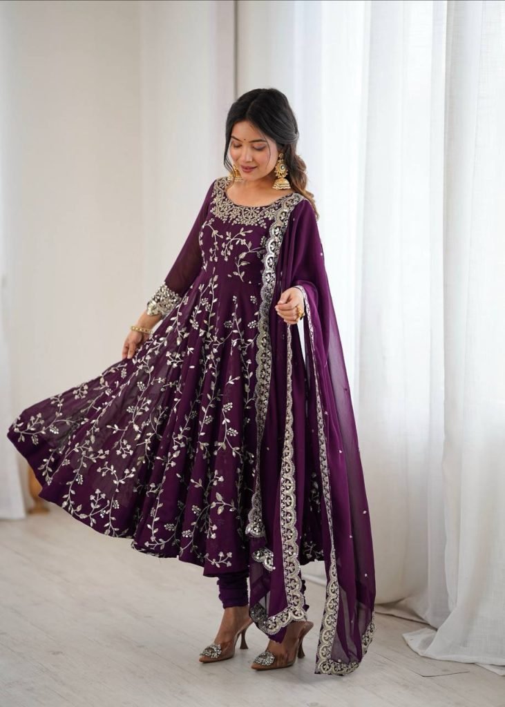 Purple georgette with embroidery sequence work women’s ethnic anarkali gown