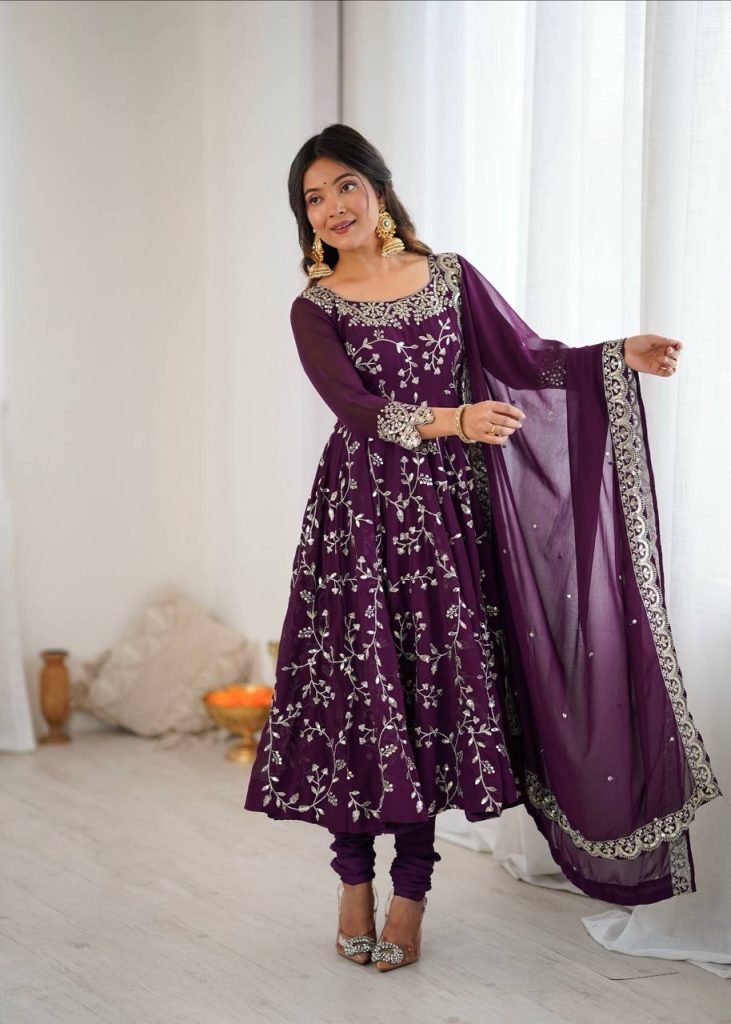 Purple georgette with embroidery sequence work women’s ethnic anarkali gown