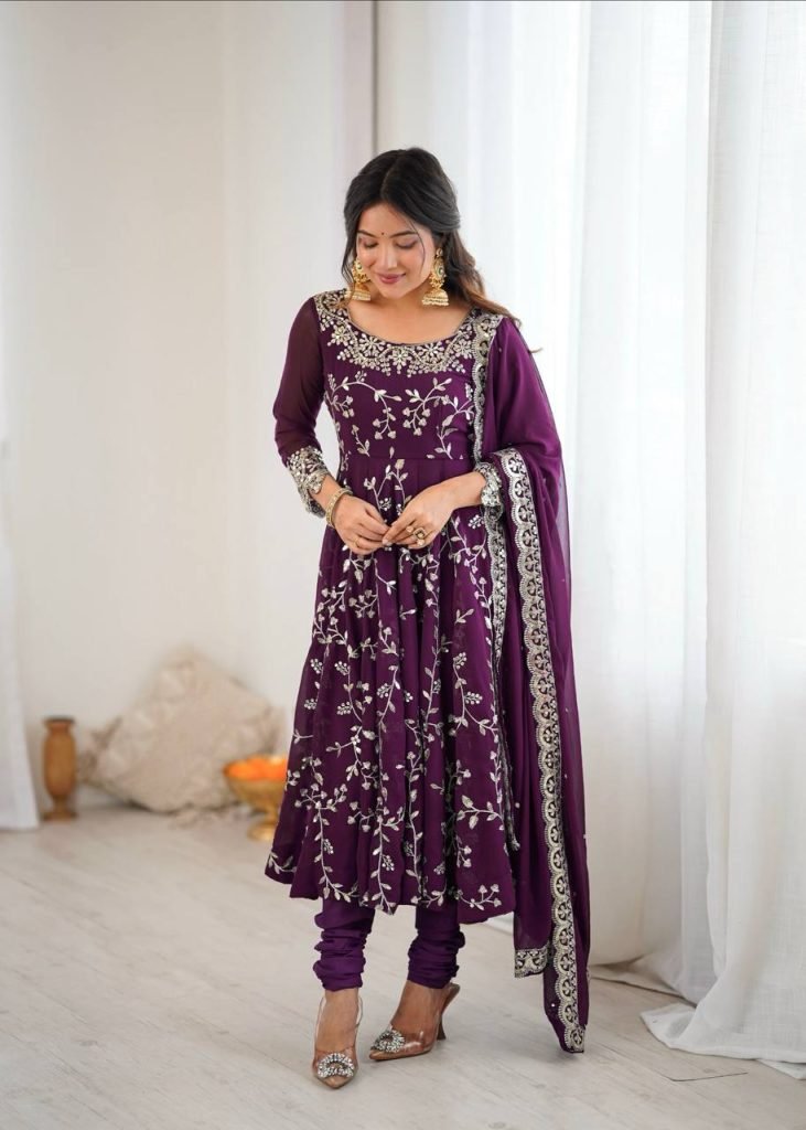 Purple georgette with embroidery sequence work women’s ethnic anarkali gown