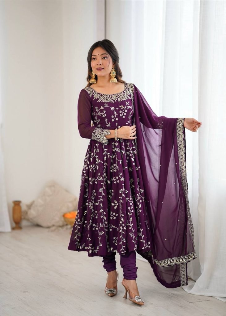 Purple georgette with embroidery sequence work women’s ethnic anarkali gown