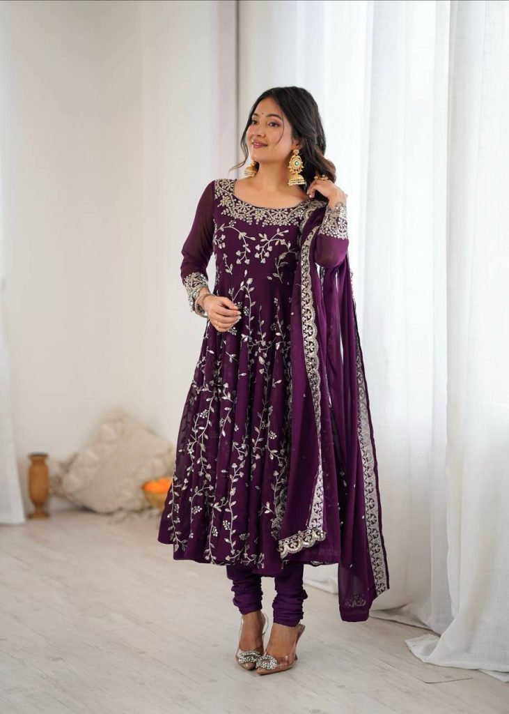 Purple georgette with embroidery sequence work women’s ethnic anarkali gown