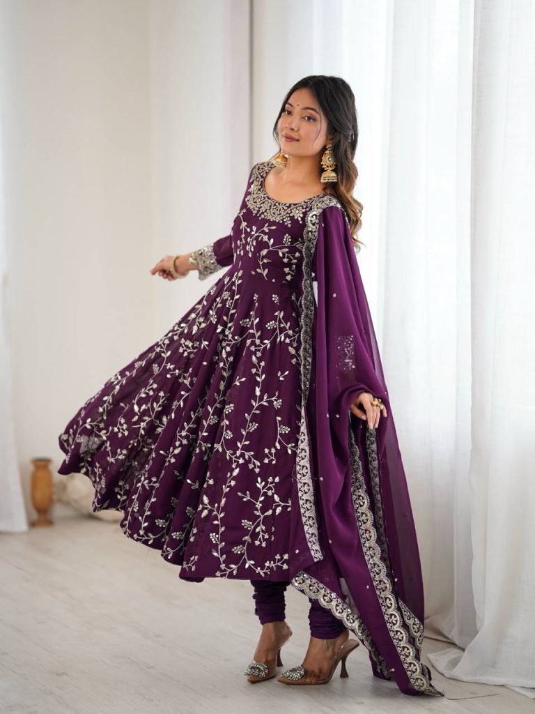 Purple georgette with embroidery sequence work women’s ethnic anarkali gown