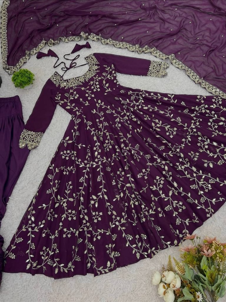 Purple georgette with embroidery sequence work women’s ethnic anarkali gown