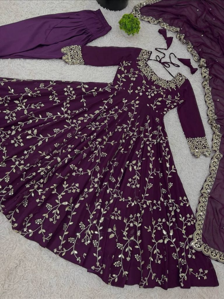 Purple georgette with embroidery sequence work women’s ethnic anarkali gown