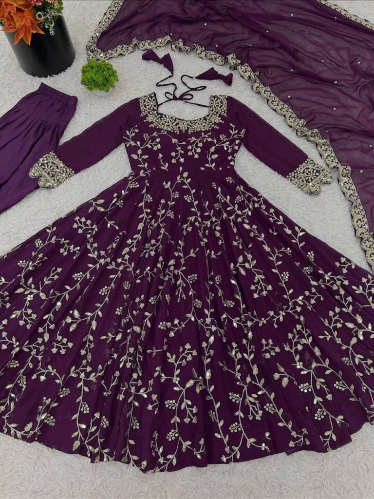 Purple georgette with embroidery sequence work women’s ethnic anarkali gown