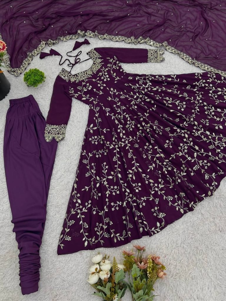 Purple georgette with embroidery sequence work women’s ethnic anarkali gown