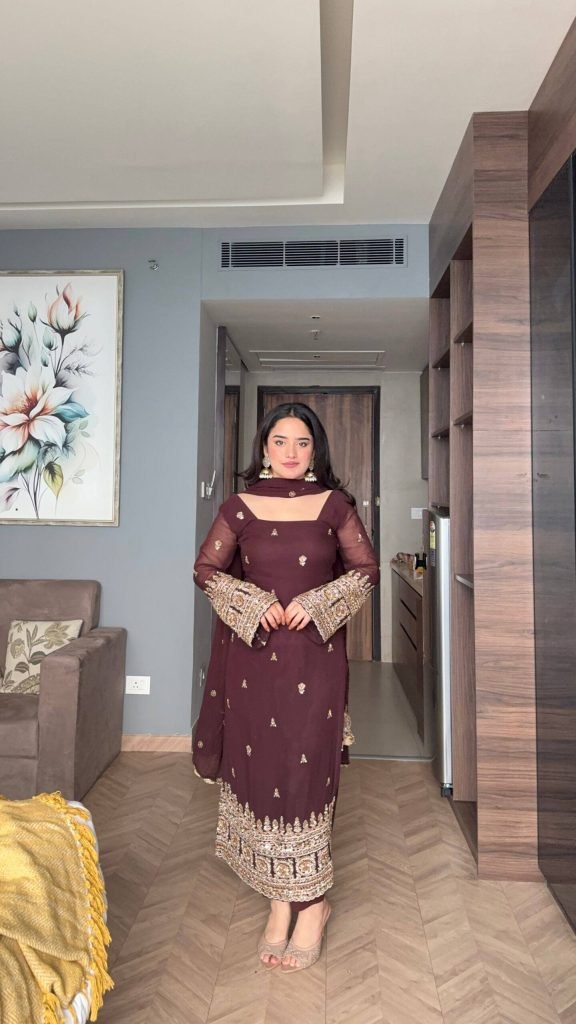 Brown georgette with codding embroidery sequence women’s ethnic wear ready to wear