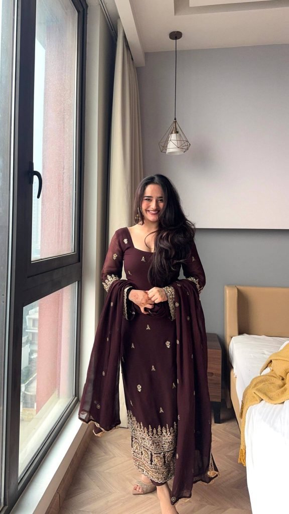 Brown georgette with codding embroidery sequence women’s ethnic wear ready to wear
