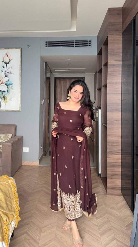 Brown georgette with codding embroidery sequence women’s ethnic wear ready to wear