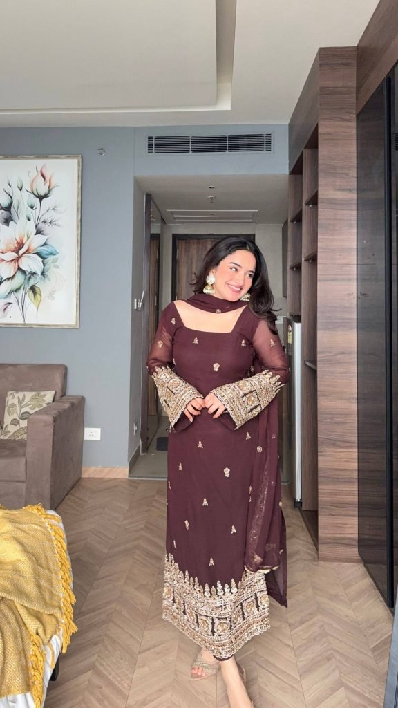 Brown georgette with codding embroidery sequence women’s ethnic wear ready to wear