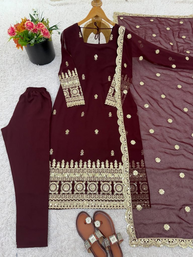 Brown georgette with codding embroidery sequence women’s ethnic wear ready to wear