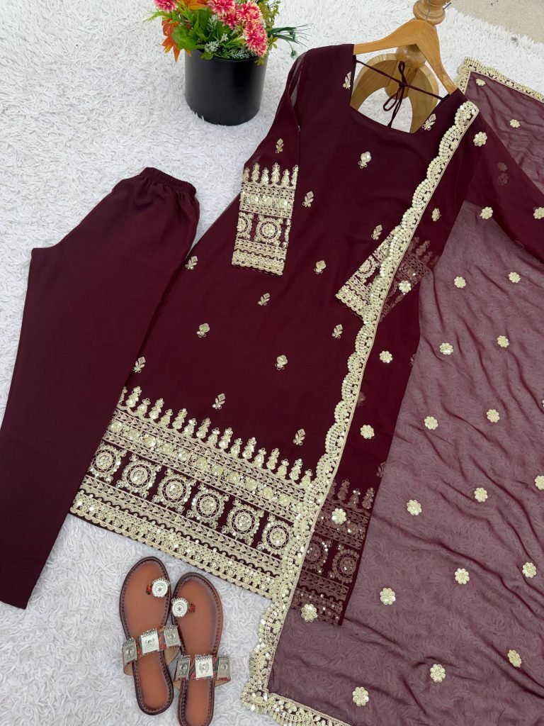 Brown georgette with codding embroidery sequence women’s ethnic wear ready to wear