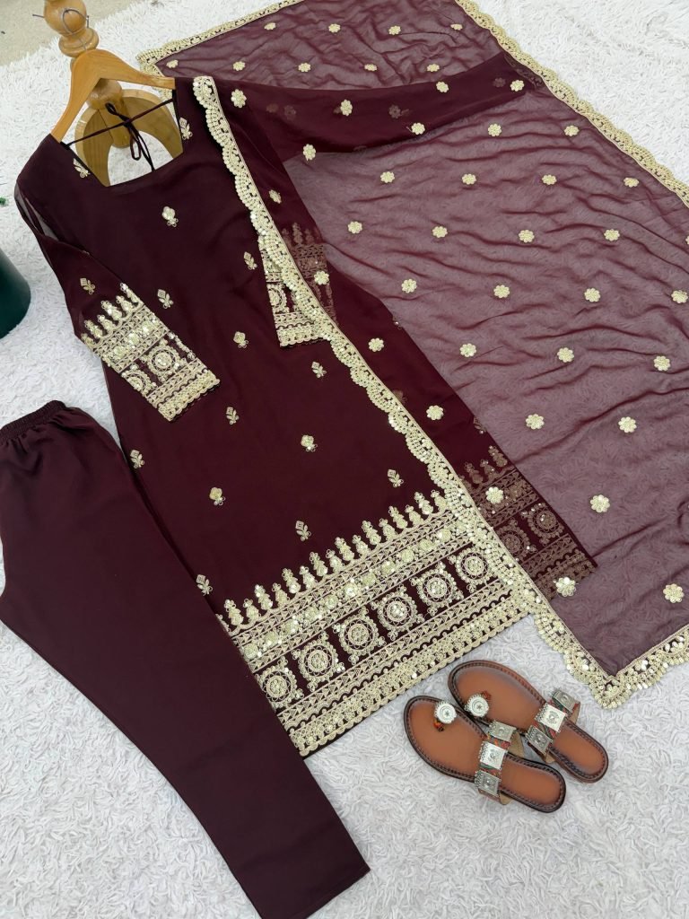 Brown georgette with codding embroidery sequence women’s ethnic wear ready to wear