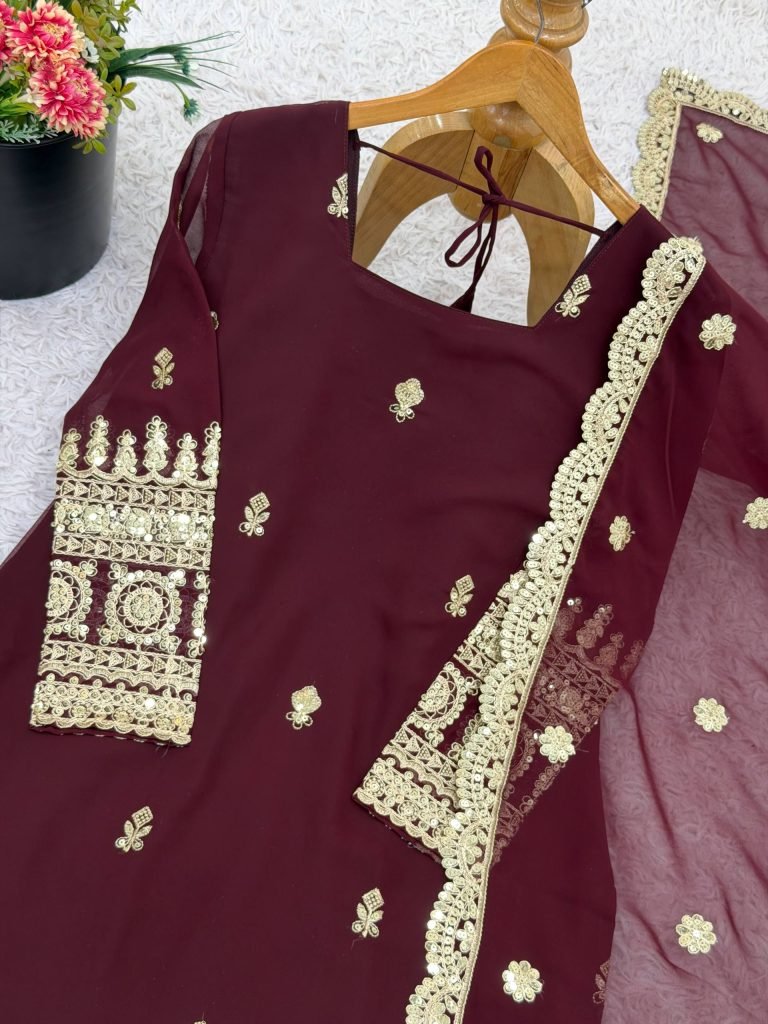 Brown georgette with codding embroidery sequence women’s ethnic wear ready to wear