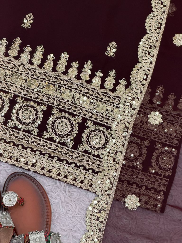 Brown georgette with codding embroidery sequence women’s ethnic wear ready to wear