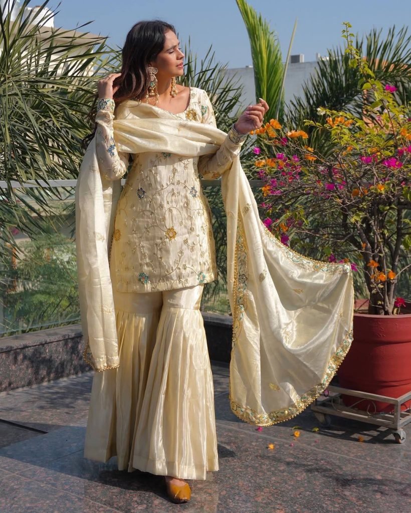 Cream pure chinon embroidery sequence work women’s ethnic wear