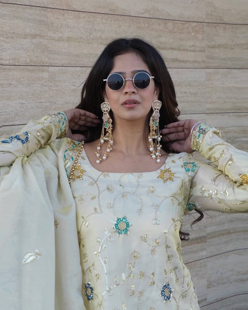 Cream pure chinon embroidery sequence work women’s ethnic wear