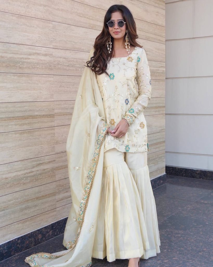 Cream pure chinon embroidery sequence work women’s ethnic wear