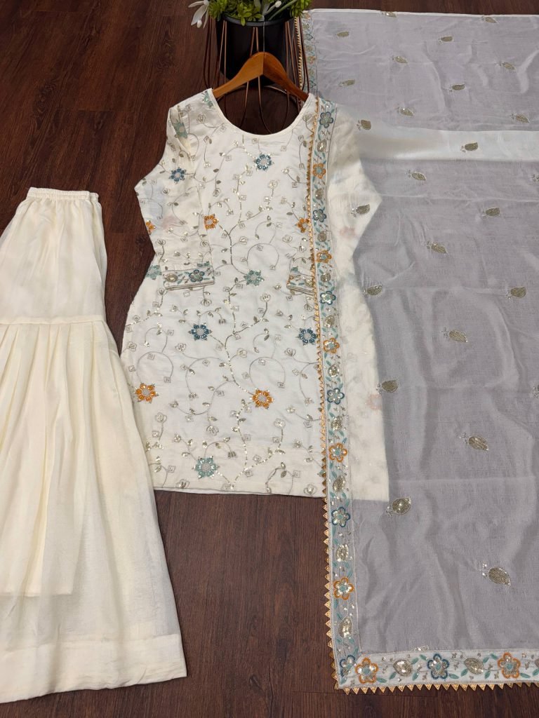 Cream pure chinon embroidery sequence work women’s ethnic wear