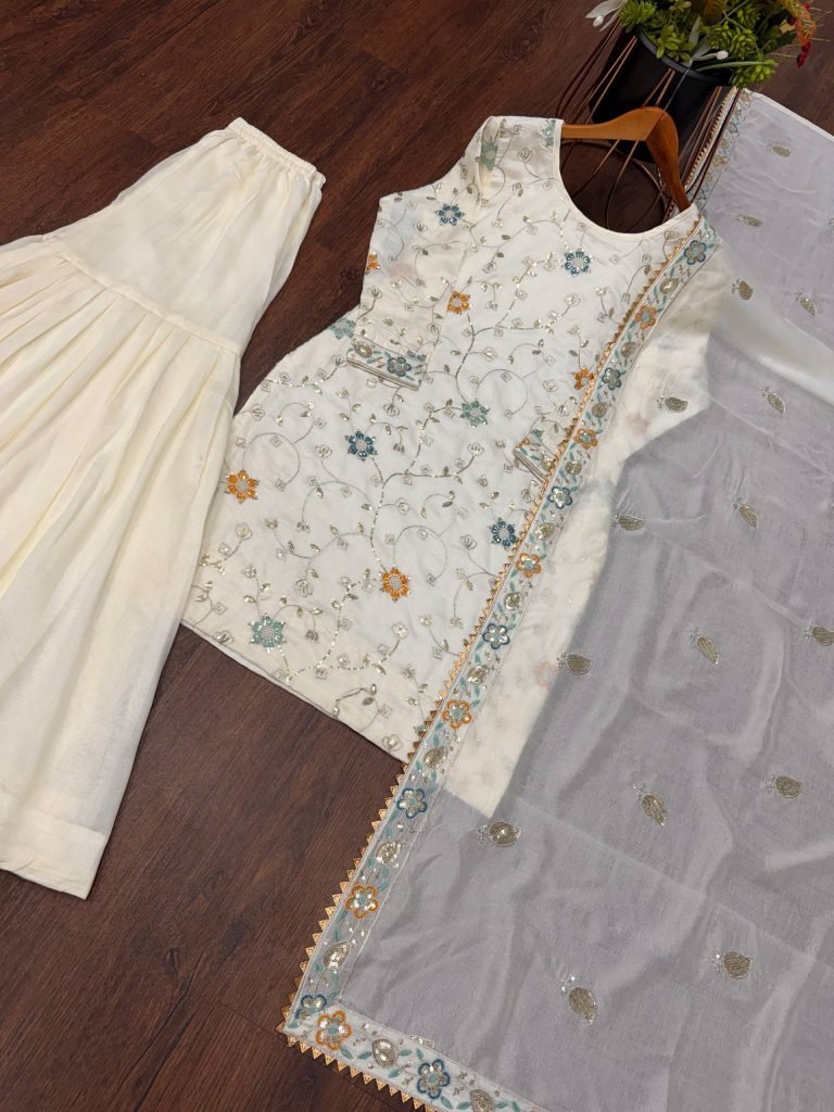 Cream pure chinon embroidery sequence work women’s ethnic wear