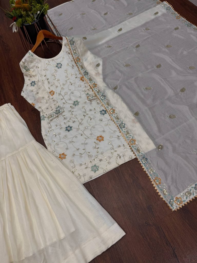 Cream pure chinon embroidery sequence work women’s ethnic wear