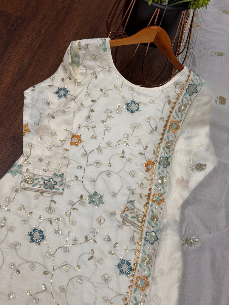 Cream pure chinon embroidery sequence work women’s ethnic wear