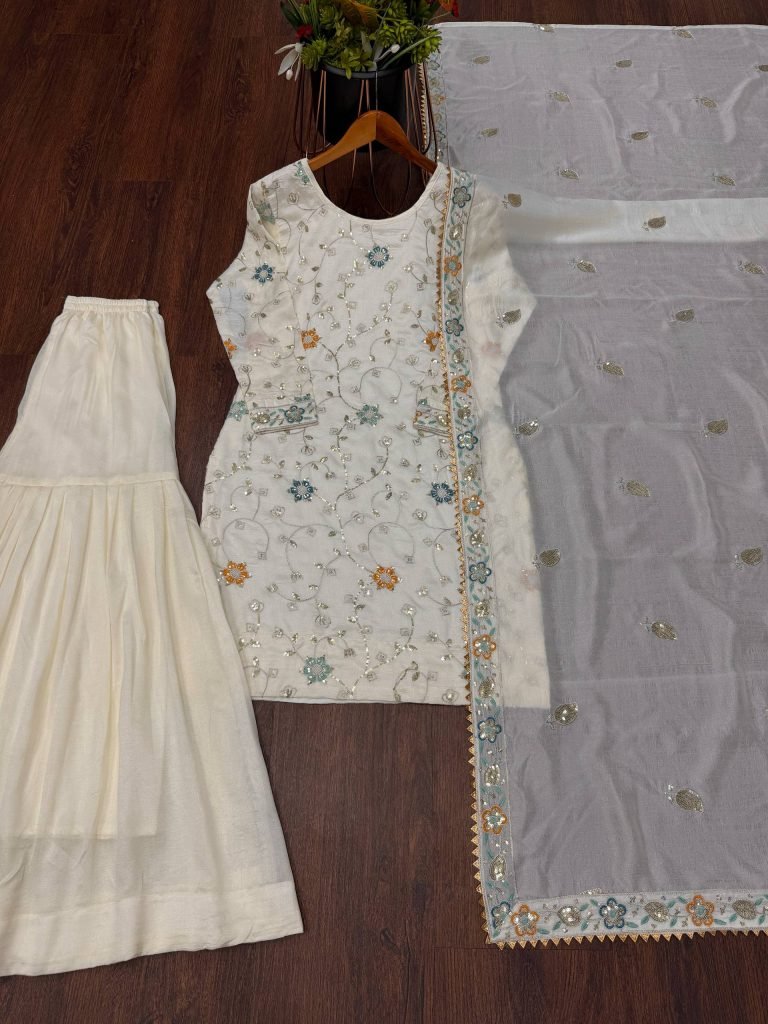 Cream pure chinon embroidery sequence work women’s ethnic wear
